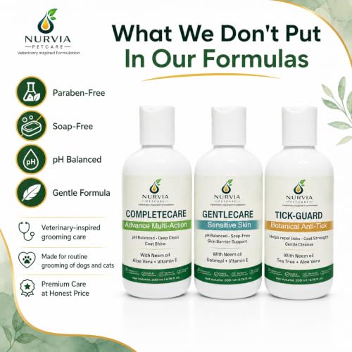 Image of Dog Shampoo Combo 3 Pack by Nurvia Petcare | Anti-Tick Flea + 5-in-1 Anti-Itch Dandruff + Puppy Shampoo | Neem Tea Tree Oatmeal Calendula | pH Balanced Sulphate-Free | 3 x 200ml India