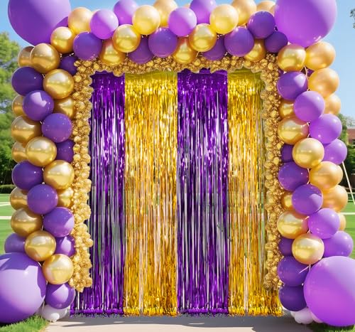 Image of LOLStar Graduation Party Decoration, 2 Pack Purple Gold Foil Fringe Curtain | 3.3 x 6.6 ft Tinsel Streamers Backdrop, Graduation Photo Booth Backdrop for Class of 2026, Prom and Grad Party Decorations