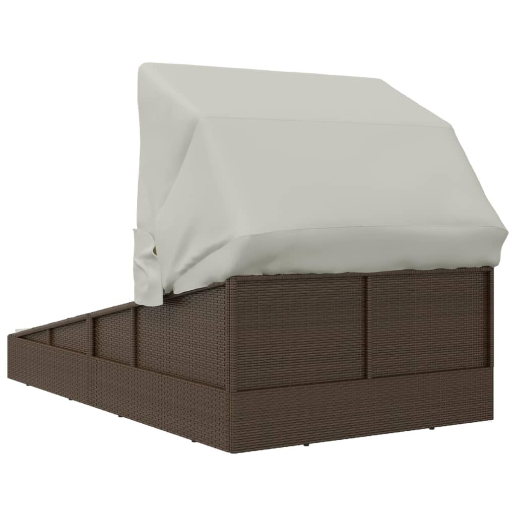 Brązowy leżak ze składanym dachem z polirattanu PE, 200 x 114 x 128 cm, z malowaną proszkowo stalową ramą i grubą wyściółką do ogrodu lub basenu.