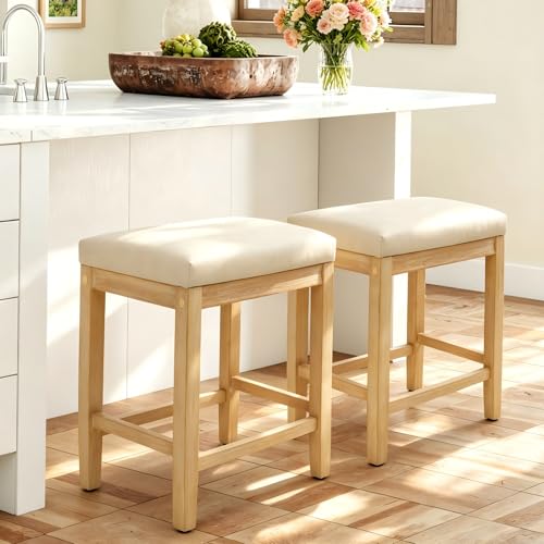 Image of RNKSFX Counter Height Bar Stools Set of 2 for Kitchen Counter Farmhouse Modern Backless Barstools with Faux Leather Upholstered Seat and Solid Wood Legs 24 inch Bar Chairs, Khaki + Wood Color
