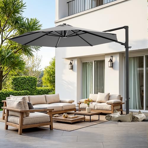 Image of Greesum 10FT Outdoor Patio Umbrella with High Pedel and 4 Gear Heights, Large Offset Market Umbrella with 360-degree Rotation, Without Base, Hanging Outdoor Shade for Garden, Lawn, Pool, Gray