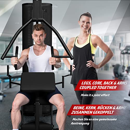 Physionics® Kraftstation - Hantelscheiben 66 kg, Verstellbar, Latzug, Butterfly, Beincurl, Armcurl - Fitnessstation, Multistation, Trainingsstation, Multifunktion Hantelbank, Homegym, Multi-Gym – Bild 4