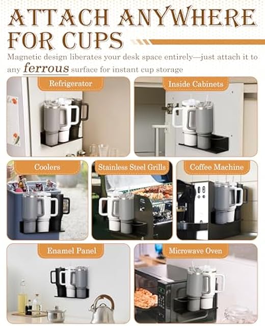 2 Pack Strong Magnetic Cup Holder for Fridge, Magnetic Cups Holder for Metal Surface, Organizer for 30&40 oz Water Bottle Tumblers, Metal Cabinet Cup Storage Racks, Tumbler Organizer Accessories