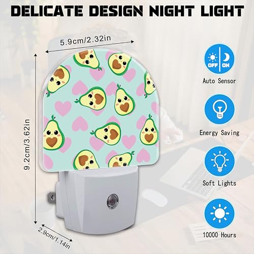 Image of Avocado and Pink Hearts Night Light for Kids,Cute Cartoon Avocados Plug in Night Light with Dusk to Dawn Sensor, 0.5w Energy Saving Nightlight for Hallway Stairway Kitchen Bedroom
