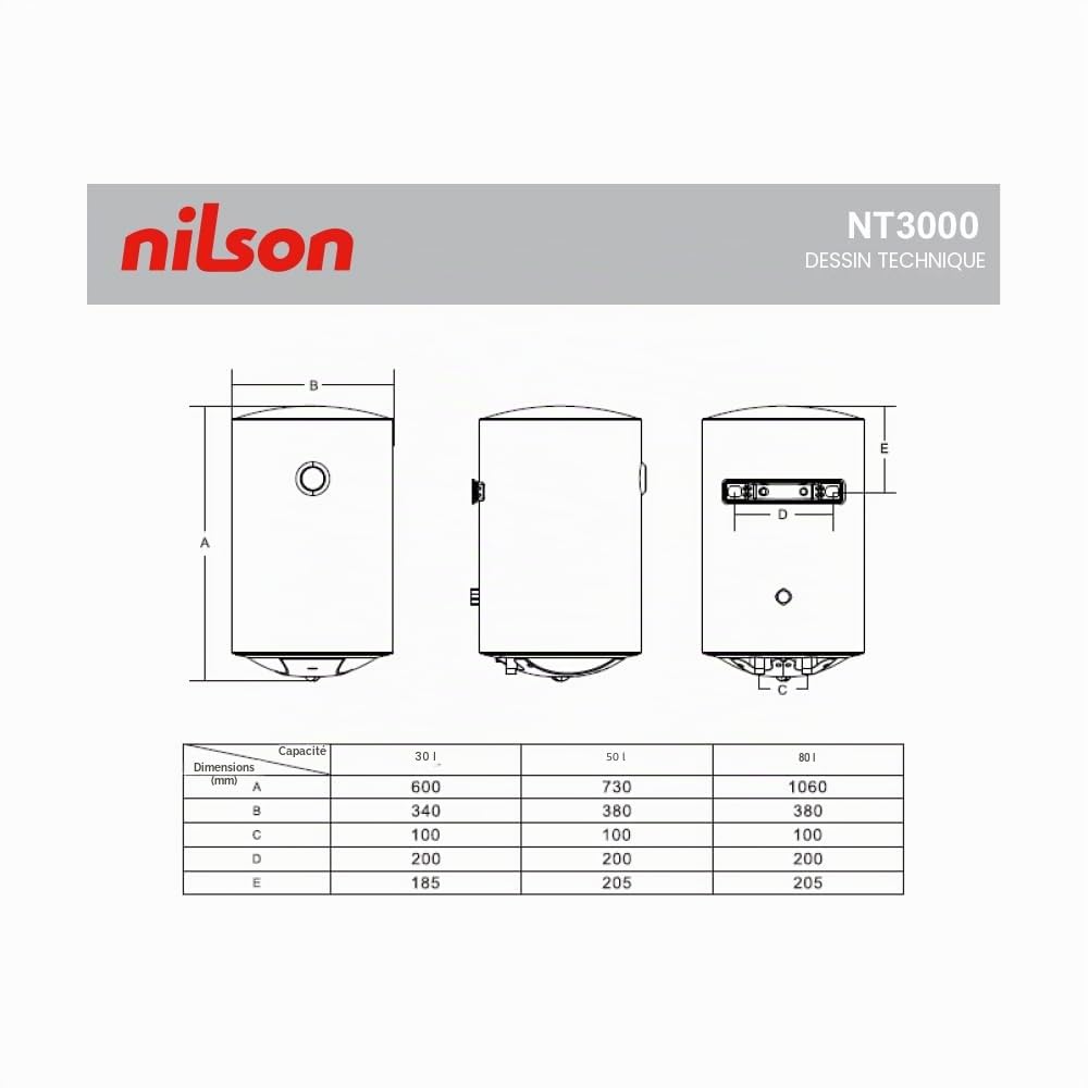 Nilson Termo Eléctrico Vertical 50 Litros NT5000. Instalación Vertical, 1500W, Incluye Kit de Montaje, Resistencia de Acero inoxidable, Blanco, Eficiencia Energética Clase C