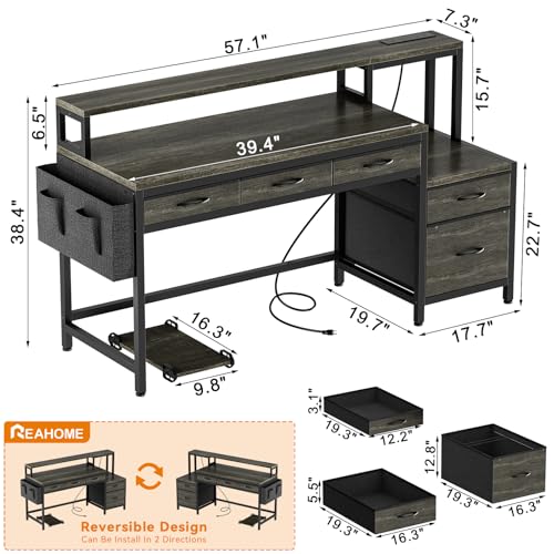 Image of REAHOME 61 Inch Gaming Desk with Charging Station and LED Lights, Reversible Computer Desk with Storage Drawer and Monitor Stand, Modern Desk Table with File Cabinet & Side Pocket, Grey Oak