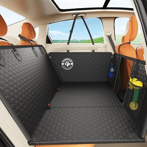 QUIBBLICK Dog Car Seat Cover, Hard Bottom Back Seat Extender for Dogs, Non-Slip Reat Seat Protector with Mesh Window & Side Flap, Dog Hammock for Car, SUV, Small Trucks