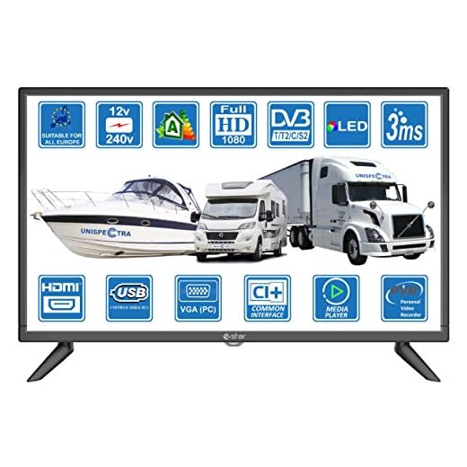 Autocaravanas Cravana Camper Barco 12v 24 Pulgadas 61cm LED Full HD Digital TV DVB-T2/C/S2 TDT, Cable, Satélite TV 12V 220V USB PVR & Reproductor Multimedia, VGA & HDMI Monitor de PC por Unispectra®