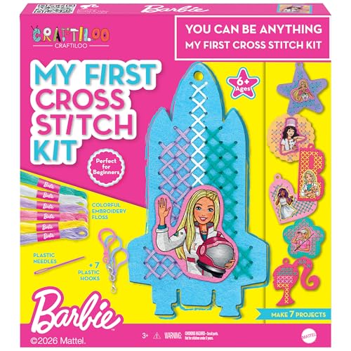 Barbie Cross Stitch Kit for Kids Ages 6-12 | Beginner Embroidery & Needlepoint Craft Kit 7 Keychain Projects Arts and Crafts Gift for Girls