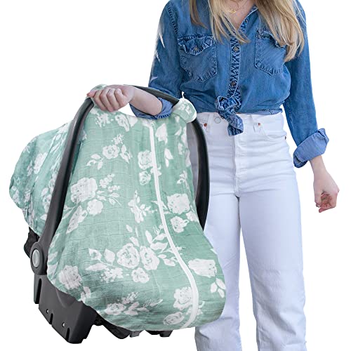 Image of Bebe au Lait Classic Muslin Car Seat Cover -Perfect Baby Car Seat Covers for Babies, Car Seat Canopy, Unisex Baby Car Seat Cover- Easy Snap Straps, Fully Zippered Opening, Breathable- Vintage Floral