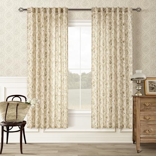 Image of Floral Linen Curtains 72 Inch Length 2 Panels Set Tan Beige Brown 2 Panels