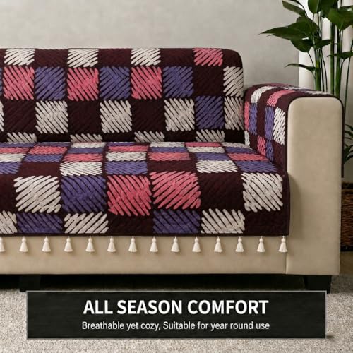 Image of STITCHNEST 'Frostvine Collection' 1 Seater Sofa Cover | Full Coverage with Armrest Pockets | Cotton Quilted Fabric, Decorative Tassels, Washable & Durable for Modern Living