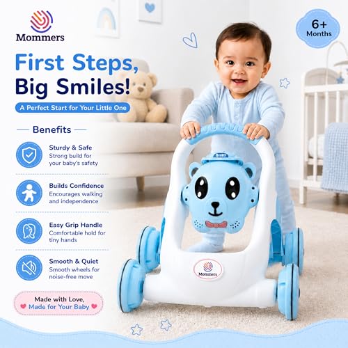 Image of Mommers Baby Walker Musical Push Support Toddler Blue Wheels & Handle, Cute Design Activity Walker, Balanced Wheels, Indoor Play