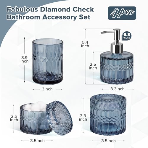 Blue Bathroom Accessories 4Pcs, Diamond Glass Bathroom Accessory Set, Bathroom Set with Soap Dispenser, Blue Bathroom Decor with Toothbrush Holder, Qtip Holder for Bathroom, Countertop - Image 4