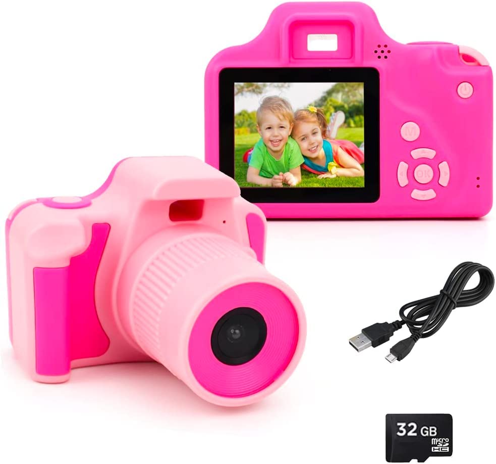 eDealz Full 1080P Kids Selfie HD SLR Style Digital Photo and Video Rechargeable Camera with 32GB TF Card & 2" LCD Screen and Micro USB Charging Drop Proof (Pink)