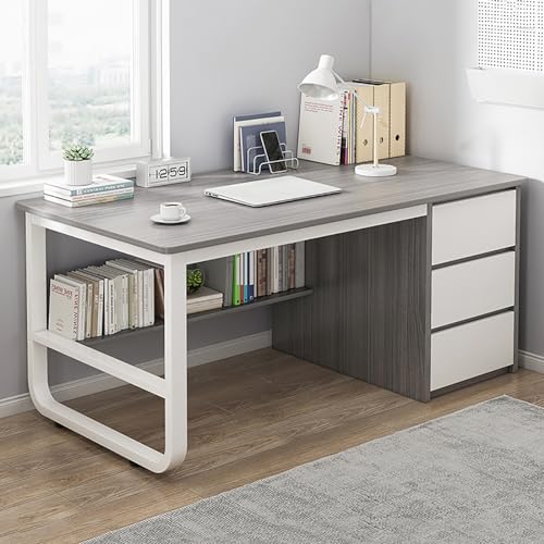 Escritorio esquinero moderno para oficina en casa con cajones y estantería, elegante escritorio para dormitorio, 140 x 48 x 75 cm