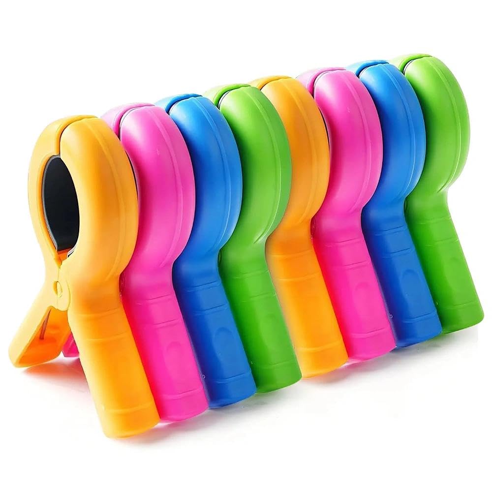 Dojasohilmi Colorful 8 Pcs Towel Clips For Sun Loungers, Large Beach Towel Clips, Sunbed Towel Clips For Beach Sun Lounger Washing Line Laundry Sunbeds Pool Chairs Essentials Accessories（4 Colors）