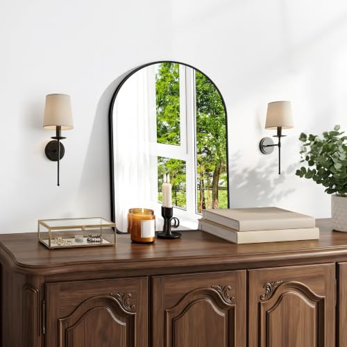 Image of BONEWEI Arched Wall Mirror,18x24 inch Black Arched Mirror Bathroom,Vanity Mirror for Over Sink Metal Frame,Tempered Glass Arch Mirrors for Bedroom,Entryway,Living Room,Home Decor Shatter-Proof