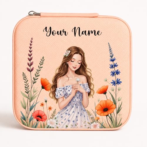 Image of PRIMIT Personalized Jewelry Box with Name & Birth Flower - Custom Travel Jewelry Organizer Case - Bridesmaid, Birthday, Christmas Gift for Women & Girls (Wildflower)