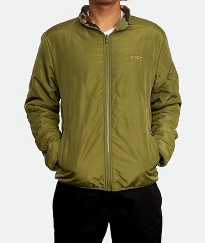 Rvca Mens Front Zip Fleece Jacket - Ditch Reversible (Dark Khaki, Small) #TOP1