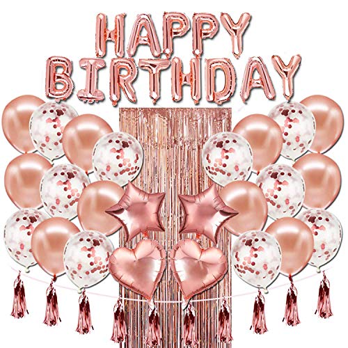 Rose Gold Birthday Celebration Party Decoration Set - Birthday Party Supplies - Happy Birthday balloon Banner, Pink Foil Curtain, and Tassel Garland, Heart and Star Shaped Balloons with Mini Hand Pump