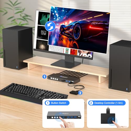 Image of HDMI KVM Switch 1 Monitors 4 Computers - 4K@60Hz 4 Port KVM Switch for 4 Computers,Kvm Switch 4 Computers with 4 USB 3.0 Ports Share Keyboard Mouse Printer with 4 USB Cables and Desktop Controller