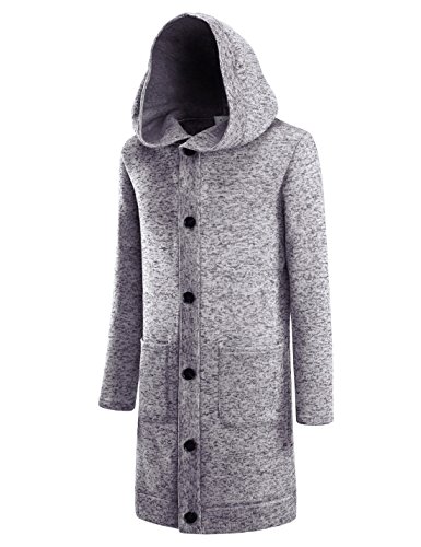 NEARKIN (NKNKTNC606 Mens Fleece Slim Cut Look 6 Button Hoodie Long Cardigan Gray US M(Tag Size M)