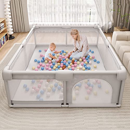 Jolan Baby Playpen,Baby Fence with Non-Slip Base and Breathable Mesh,Large Indoor Outdoor Kids Toddler Safety Playard Playpen,Crawling Fence,Anti-Fall/Portable Game Playpen,Grey-180×200cm
