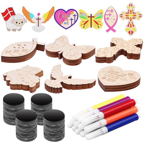 WWmily 72 Pcs Christian Bible Wooden Crafts Kit Religious Colouring DIY Board with Magnets Jesus Arts for Kids Sunday Vacation School Christmas Church Party Activities Birthday Gifts