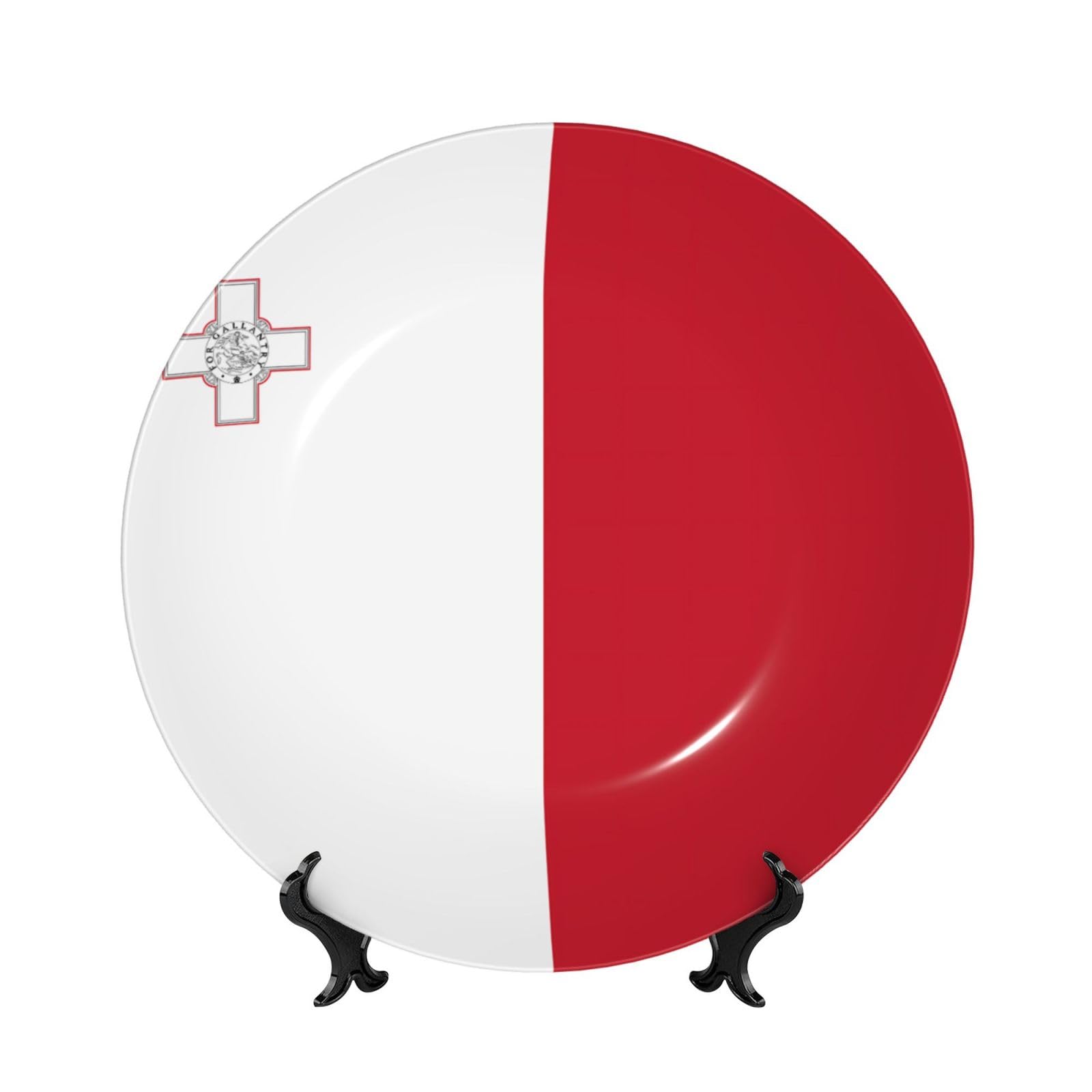 SXZVVBN Flag of Malta Bone China Decorative Plate Art with Stand Removable Adhesive Hanging for Home Office 8in（20cm）