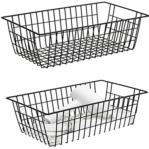 Slideep Farmhouse Large Wire Organizer Storage Bins Freezer Food Storage Basket for Kitchen Cabinets, Office, Bathroom, Pantry Organization Storage Bins Rack with Handles, 2 Pack, Black