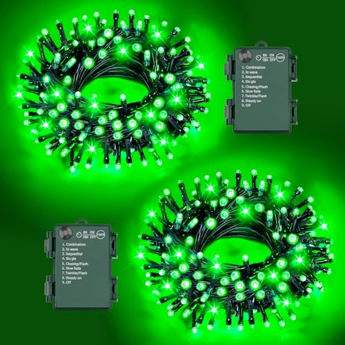 FFZZKJ Green Halloween Lights String Total 100LED Battery Operated Outdoor 8 Modes with Timer 16.4Ft*2 50LED*2 Waterproof Fairy Lights Indoor for Halloween Decor Green 2-Pack