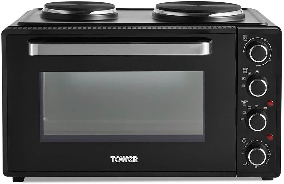 Tower T14045 Mini Oven with Adjustable Temperature Control, 90 Minute Timer, Baking Tray and Wire Rack, Black with Silver Accents, 42 litre