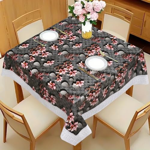 Image of Dakshya Industries PVC Waterproof Square Table Cover 48x48 Inch for 4 Seater Dining Table | Floral Printed Oilproof Stain Resistant Washable Plastic Table Cover, Dark Grey