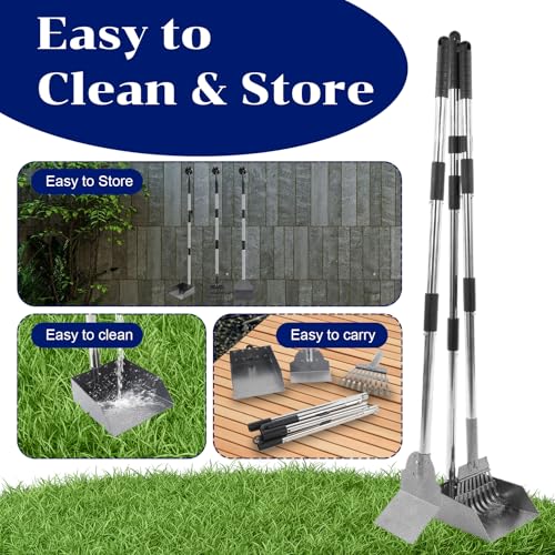 Image of 3 Pcs Dog Pooper Scooper Tray Shovel & Rake Kit, Heavy Duty Dog Poop Scooper with Adjustable Metal Long Handle, Portable Large Dogs Poop Picker Upper for Yard, Walks, Grass & Garden Leaves