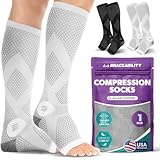BraceAbility Compression Socks for Circulation - 20-30 mmHg Knee High Neuropathy Open Toe Stockings Best for Varicose Veins, POTS, Restless Leg, Toeless Support for Men or Women - 1 Pair (L - Gray)