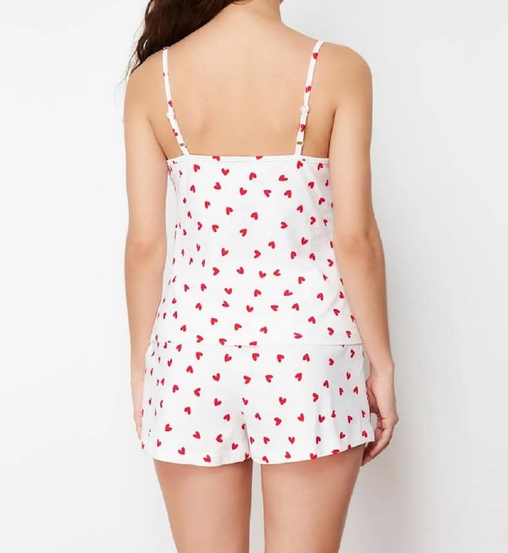 Image of Womens Y2K Cute Print Cami Pajama Sets Lace Trim V Neck Tank Top Shorts Set Bow Heart Print 2 Piece Sleepwear