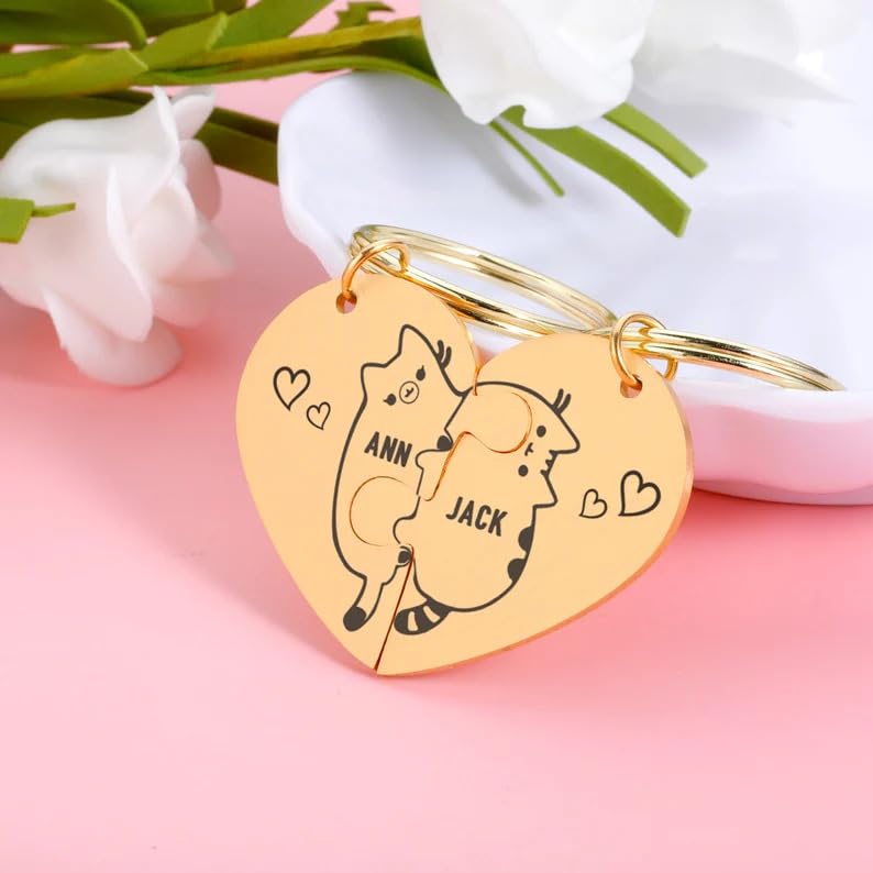 Image of Luigi Customise Valentine Keychain, Cute Cat Hug, Engrave Name Couple Keyring, Personalized Gift for Boyfriend /Matching Keychain