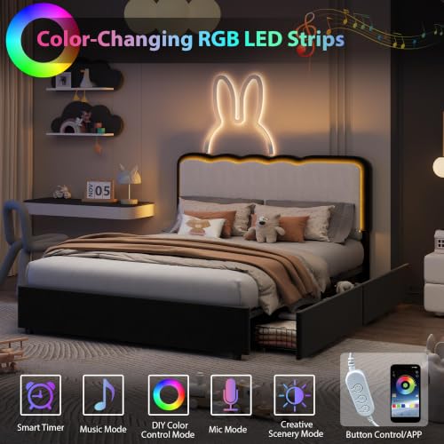 Image of Garvee Irregular Wave LED 2-Drawer Soft Upholstered Bed, Soft Padding