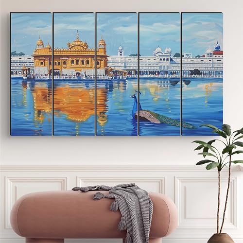 Image of Livin'luxe Golden Temple Wall Painting | 5 Panel Framed Wall Art with Peacock and Water Reflection | Sikh Religious Art for Living Room, Pooja Room, Spiritual Gift, Home Decor (50 x 30 Inch) XL-35431