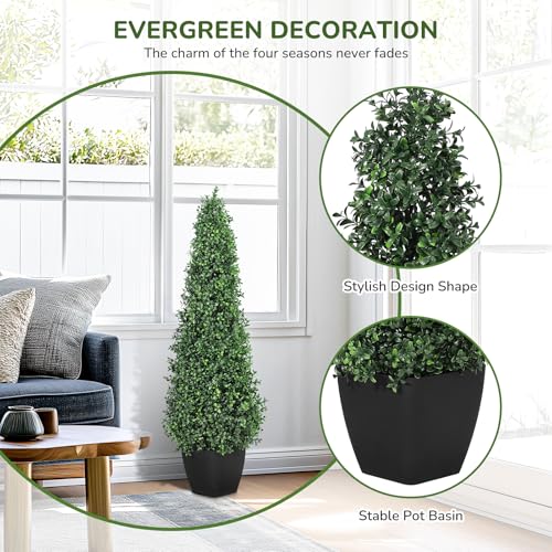 Artificial Boxwood Topiary Trees - Cone Shape Fake Plant with Modern Black Planter, 3FT Faux Outdoor Plants for Indoor Front Porch Plants Set of 2