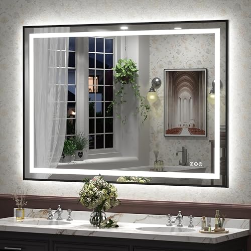 Image of 50x36 Framed LED Bathroom Mirror, Large Dimmable Vanity Mirror with Lights, Backlit and Front Lighted Mirror for Wall, Anti-Fog, Shatter-Proof, Memory(Vertical /Horizontal)