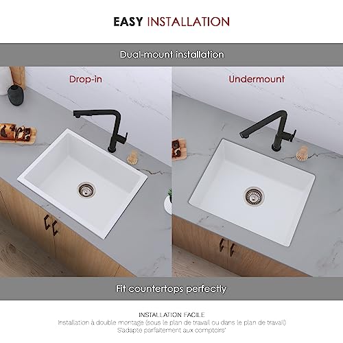 Image of Stylish 22 x 17.5 Composite Granite Kitchen Sink, Single Bowl Under Mount & Drop in, 8.25 in Deep, Rear-Center Drain, with Strainer, White, S-822H