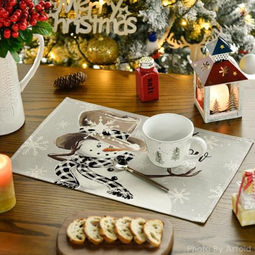 Artoid Mode Grey Snowman Snowflakes Christmas Placemats Set of 6, 30 x 45cm Seasonal Winter Xmas Holiday Vintage Washable Table Mats - Image 3