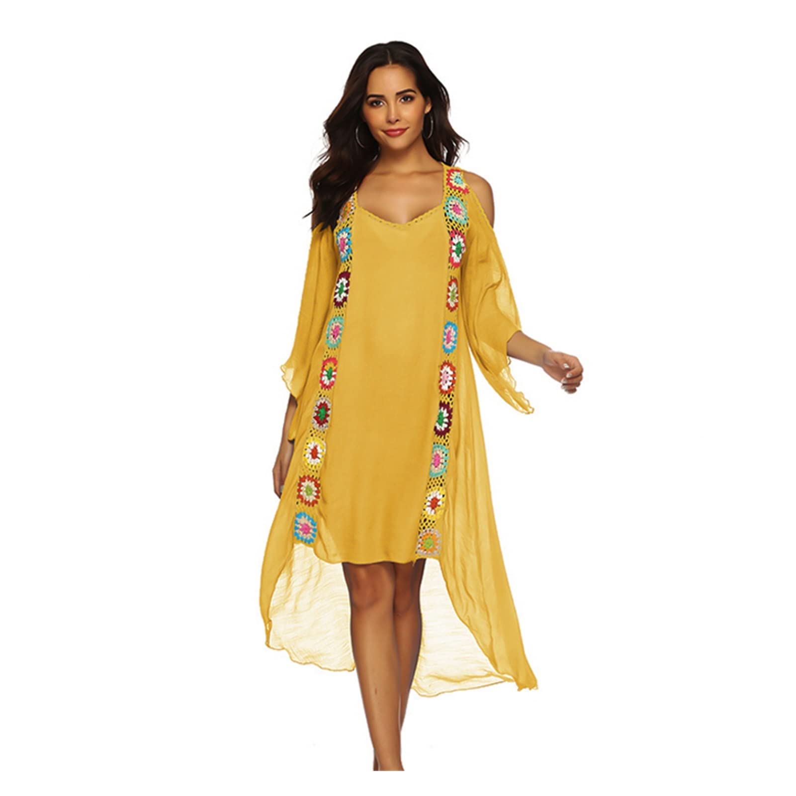 ZZSRJ Vestido de Playa de Damas Encubrimiento de Crochet Traje de baño Cubierta de túnica natada de natación Ropa de natación fit Damas túnica (Color : Yellow Cover up, tamaño : One Size)