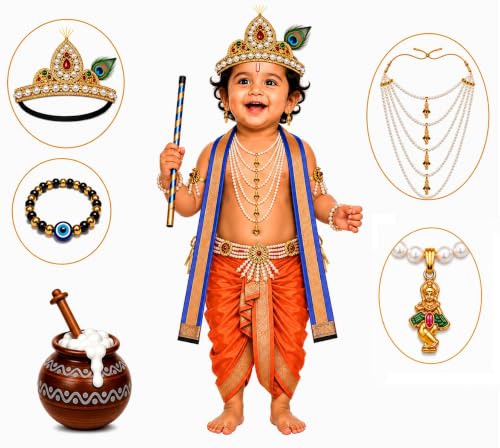 Image of Raj Costume Shri Krishna Dress for Kids, Bal Krishna Costume for Baby Boy and Girl, Janmashtami Fancy Dress Costume, Krishna Dress for Kids