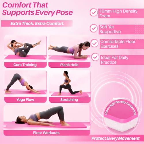 Image of Yoga & Exercise Mat with Carry Strap | Nitrile Butadiene Rubber (NBR) Anti-Slip Workout Mat for Yoga, Pilates, Meditation, Stretching & Home Gym Fitness | Men & Women (Pink-8mm)