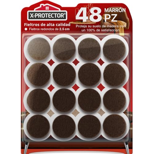 Almohadillas de Fieltro X-Protector - 48 Fieltro Adhesivo Premium Marrón 25 mm - Fieltros para Sillas - Protectores de Suelo para Muebles - Tapones para Patas de Sillas