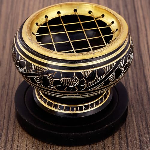 Indian Consigners Brûleur d'encens en laiton avec sous-verre en bois et grille (noir)