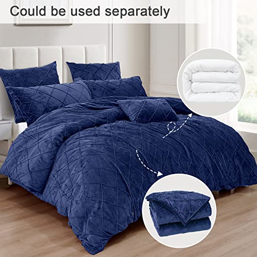 Phf Pleated Velvet Comforter Set King, 5Pcs Ultra Soft Warm Comforter Set For Fall And Winter, Cozy Flannel Velour Bed In A Bag, Include Comforter, Pillow Shams And Euro Shams, Navy Blue #TOP3